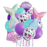 Baloane decorative aqua sirene, flippy, set mix 22 baloane, din folie de alumiu, 2 sirene, 2 scoici, 18 baloane din latex, 50 x 85 cm adeziv si pai in