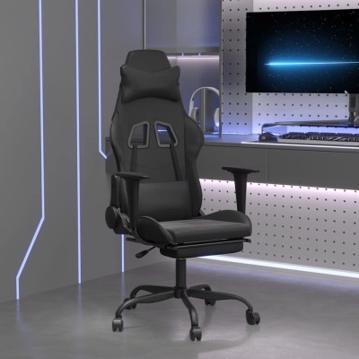 Scaun de gaming cu masaj/suport picioare, negru, piele eco foto