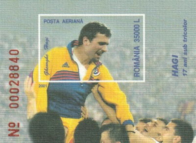 Romania 2001-Sport,Fotbal,Hagi-17 ani sub tricolor,colita nedantelata foto