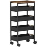 HOMCOM Carucior de Bucatarie Negru/Stejar, 5 Niveluri, 4 Cosuri Detașabile, Metal/PP/PAL, 39.5x24x82 cm