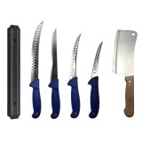 Set 4 cutite profesionale de macelarie, filetat, injunghiat, transat, dezosat, otel carbon, satar, suport magnetic