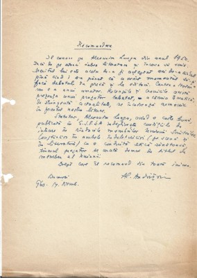 A3238N Document scris și semnat olograf de Alexandru Andrițoiu referitor la Alexandru Lungu, 1960 foto