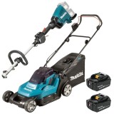 Makita DLM432CT2 + DUX60Z - Masina de tuns iarba cu 2 acumulatori Li-Ion 18 V 5 Ah 43 cm 50 l + Masina multifunctionala