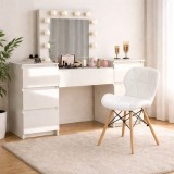Masa de toaleta/machiaj, Antonia, sertare lucioase + scaun Lago, alb, cu oglinda si LED-uri, 155x42x135 cm