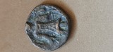 India antica , IMPERIUL KUSHAN , imparat KANISKA I , anii 127 - 151 , DIDRAHMA BRONZ , 5,9 grame , stare buna