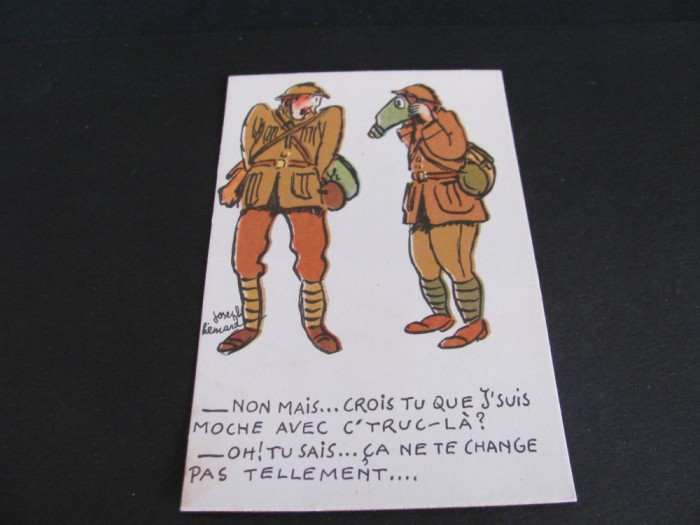 Soldați cu Mască de Gaze - Carte Poștală Militară Vintage &ndash; Ilustrație Joseph H&eacute;mard, Colecție