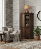 Set comoda pe colt pentru living VMN1, cu o usa, o polita si vitrina suprapozabila VMNN1, o usa, 2 polite, Pal Melaminat, cu elemente din MDF, Nuc