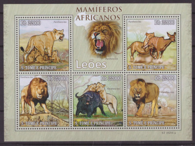 49-SAO TOME E PRINCIPE -Animale africane LEUL-miniset cu 5 timbre nestamp,MNH foto