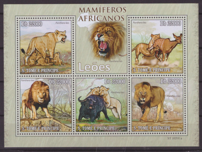 49-SAO TOME E PRINCIPE -Animale africane LEUL-miniset cu 5 timbre nestamp,MNH