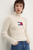 Tommy Jeans pulover din amestec de lana femei, culoarea bej, cu guler, DW0DW18678