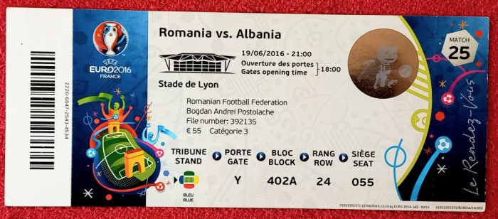Bilet meci fotbal ROMANIA - ALBANIA (Campionatul European 19.06.2016)