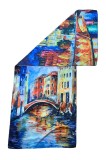 Esarfa tip sal doua fete pictata 01, Dacali, matase, albastru/rosu, 180x70cm, Marime universala