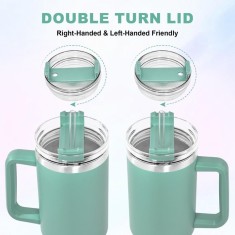 Cana termos 40 oz FECBK, izolatie vid perete dublu, otel inoxidabil 18/8, cu maner si pai, 1.2L, verde teal