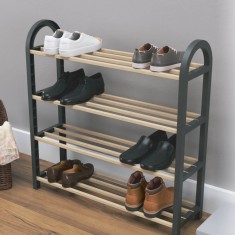 Suport Pantofi, Model 4 Rafturi, Culoare Negru-Bej, Dimensiuni 64x18x64 cm, Material Plastic și Lemn