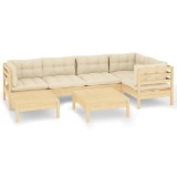 Set mobilier gradina cu perne crem, 7 piese, lemn masiv pin