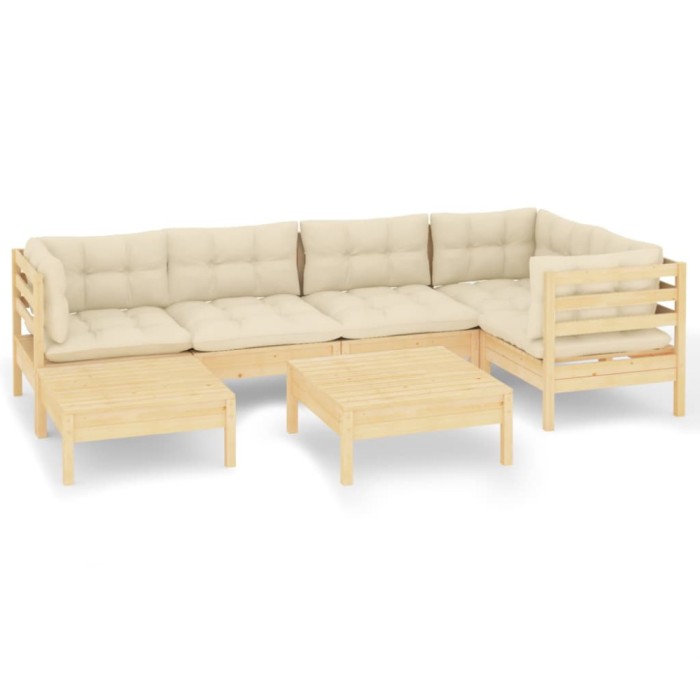 Set mobilier gradina cu perne crem, 7 piese, lemn masiv pin