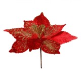 Floare Crăciun Decorativă, Model Crăciuniță, Petale Roșii, Glitter Auriu, 26cm, Oem