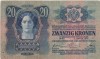 Bancnotă Austro-Ungaria 20 coroane 1913, &Ouml;sterreichisch-Ungarische Bank Stampila Timbru Special Bucovina