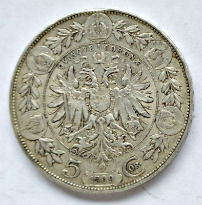 AUSTRIA 5 KORONA COROANE KRONEN 1909 EFIGIE MICA ARGINT XF AUNC foto