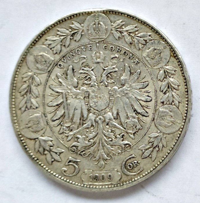 AUSTRIA 5 KORONA COROANE KRONEN 1909 EFIGIE MICA ARGINT XF AUNC