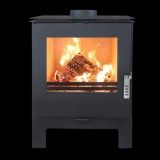 Soba moderna KARA L, 7,5 kW, din oțel, cu geam panoramic termorezistent, design modern, negru