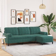 vidaXL Canapea cu 3 locuri și taburet, verde &icirc;nchis, 210 cm, catifea
