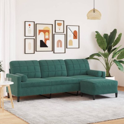 vidaXL Canapea cu 3 locuri și taburet, verde &amp;icirc;nchis, 210 cm, catifea 3278279 foto