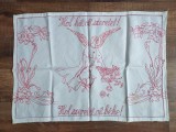 Peretar vechi cusut de mana pe panza, cu text in limba maghiara, Transilvania, 77x54cm, cu inger si flori, cusatura cu ata rosie
