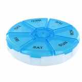 Cutie rotunda pentru organizare medicamente, vitamine sau suplimente pentru o saptamana,Pufo Pill, 9 cm, albastru