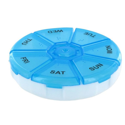 Cutie rotunda pentru organizare medicamente, vitamine sau suplimente pentru o saptamana,Pufo Pill, 9 cm, albastru foto