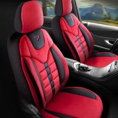 Set Huse Scaune Auto pentru Renault Fluence - Panda Toronto, tip Alcantara, cu fermoare pentru bancheta rabatabila, rosu negru, 11 piese