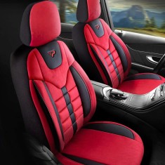 Set Huse Scaune Auto pentru Seat Leon - Panda Toronto, tip Alcantara, cu fermoare pentru bancheta rabatabila, rosu negru, 11 piese foto