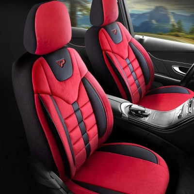 Set Huse Scaune Auto pentru Renault Fluence - Panda Toronto, tip Alcantara, cu fermoare pentru bancheta rabatabila, rosu negru, 11 piese foto