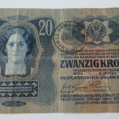 BANCNOTA AUSTRIA UNGARIA, 20 COROANE 1913 TMBRU SPECIAL ROMANIA