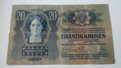 BANCNOTA AUSTRIA UNGARIA, 20 COROANE 1913 TMBRU SPECIAL ROMANIA foto