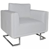 vidaXL Fotoliu Cub Alb Piele Ecologică &amp; Naturală, Picioare Cromate, 85.5x63x74 cm, Confortabil, Design Modern
