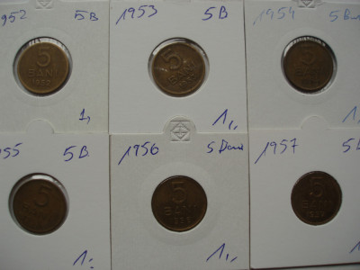 ROMANIA -SET COMPLET 5 BANI 1952 +1953 +1954 +1955 +1956 +1957, RPR, L14.39 foto