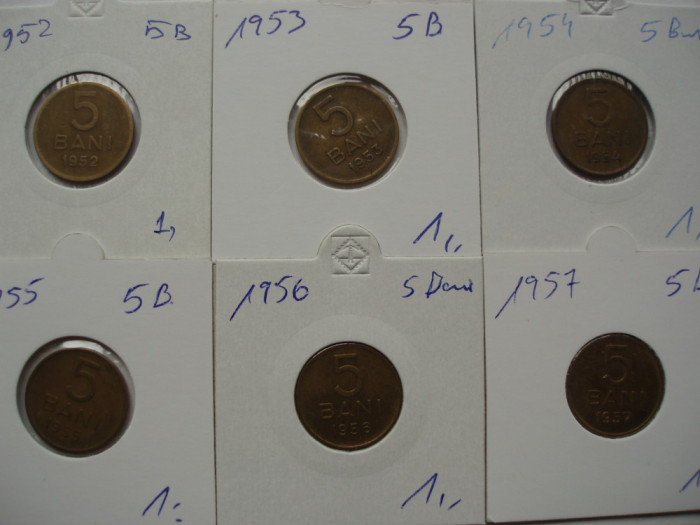 ROMANIA -SET COMPLET 5 BANI 1952 +1953 +1954 +1955 +1956 +1957, RPR, L14.39