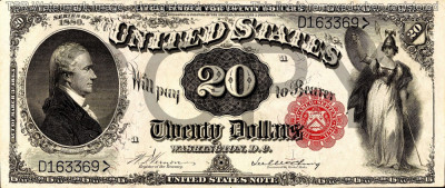 20 dolari 1880 Reproducere Bancnota USD , Dimensiune reala 1:1 foto