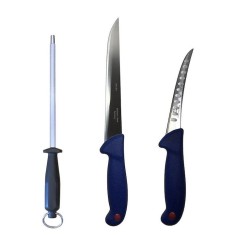 Set profesional de macelarie, dezosat, transat, filetat, 2 cutite, otel carbon, masat pentru ascutit