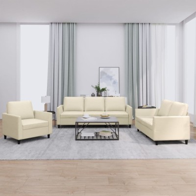 vidaXL Set de canapele cu perne, 3 piese, crem, piele ecologică foto