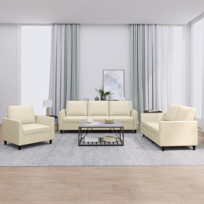 vidaXL Set de canapele cu perne, 3 piese, crem, piele ecologică