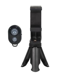 Set mini trepied pentru telefon 8.5 cm cu suport rotativ landscape-portret si telecomanda bluetooth, montura 1 4 inch, ABS negru, prindere telefon 5.5