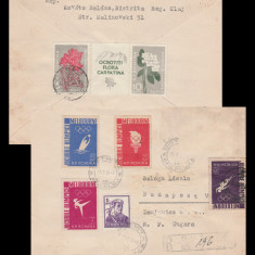 1956 Romania - Plic cu 4 timbre Melbourne + triptic cu vigneta Flora Carpatina