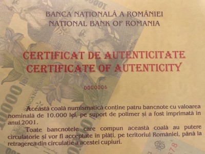Coala 10.000 Isarescu numar certificat 0000006 !!! foto