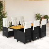 Set bistro de grădină, 7 piese, cu perne, negru, poliratan