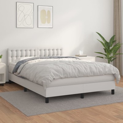 vidaXL Pat box spring cu saltea, alb, 140x190 cm, piele ecologică foto