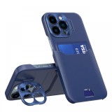 Lemontti Husa Leather Stand iPhone 14 Pro Albastru,cu suport pentru card