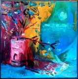 Pictură originală ulei pe p&acirc;nză &bdquo;Vas roz cu crenguțe pe fundal turcoaz&rdquo; 20x20 cm, pe șasiu. Certificat cu semnătura și ștampila artistului