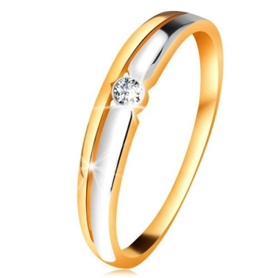 Inel cu diamant din aur 14K - diamant transparent &amp;icirc;n montură rotundă, linii bicolore - Marime inel: 50 foto